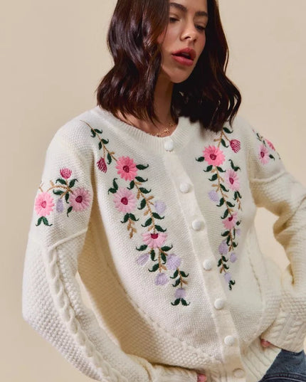 SO ME Floral Embroidered Coquette Sweater Cardigan - Sleekdenim.com