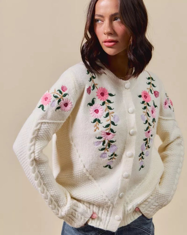SO ME Floral Embroidered Coquette Sweater Cardigan - Sleekdenim.com