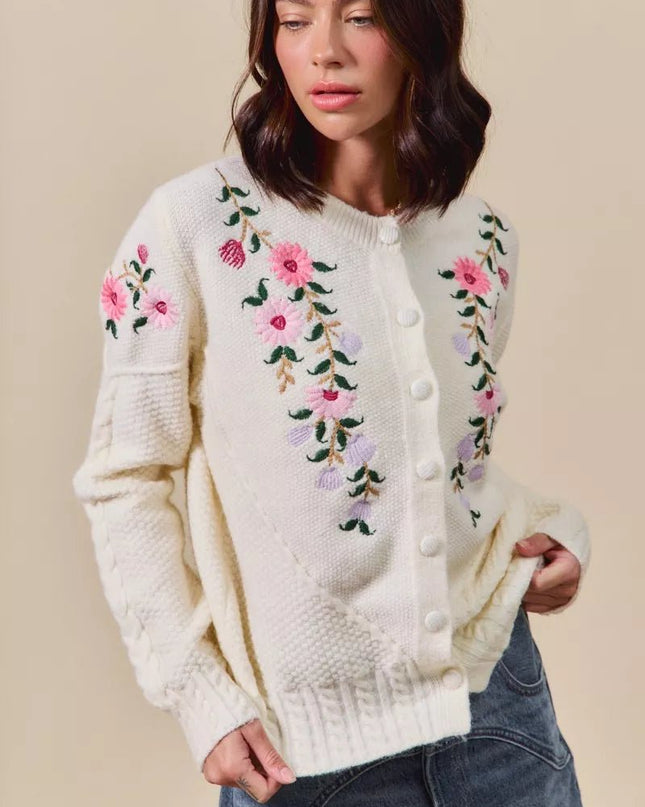SO ME Floral Embroidered Coquette Sweater Cardigan - Sleekdenim.com