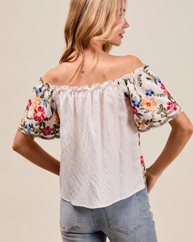 SO ME Floral Embroidered Two Way Off The Shoulder Blouse - Sleekdenim.com