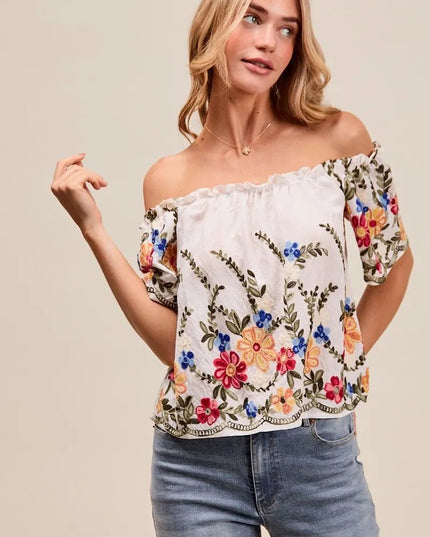 SO ME Floral Embroidered Two Way Off The Shoulder Blouse - Sleekdenim.com
