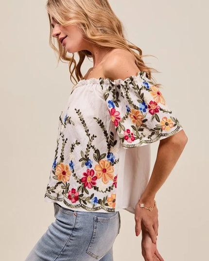 SO ME Floral Embroidered Two Way Off The Shoulder Blouse - Sleekdenim.com
