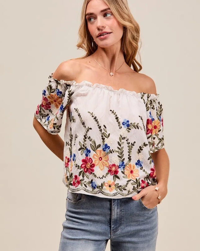 SO ME Floral Embroidered Two Way Off The Shoulder Blouse - Sleekdenim.com