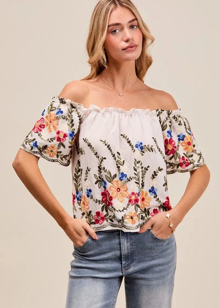 SO ME Floral Embroidered Two Way Off The Shoulder Blouse - Sleekdenim.com