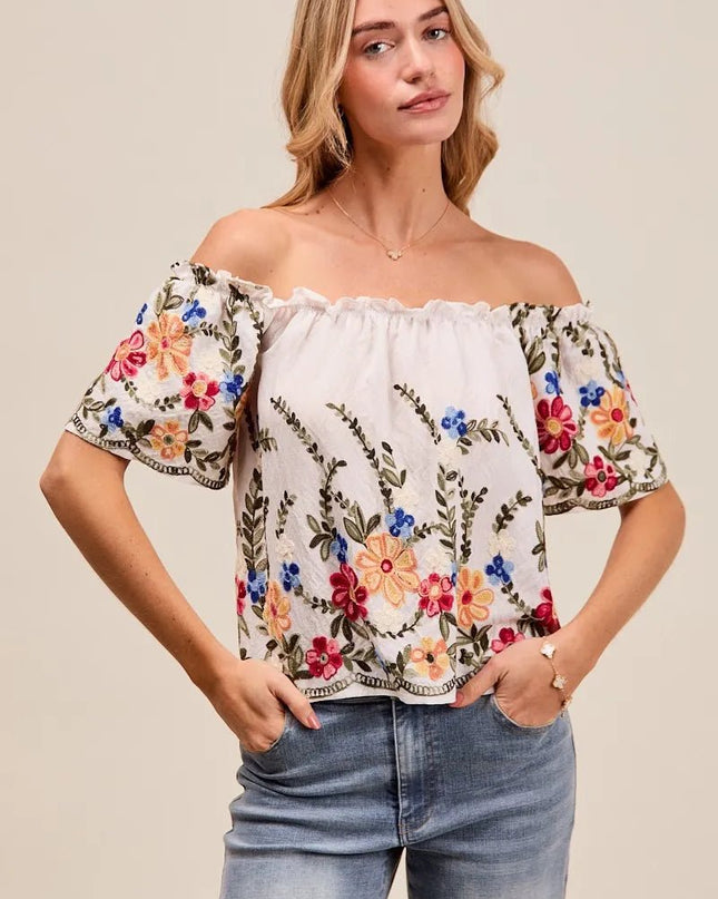 SO ME Floral Embroidered Two Way Off The Shoulder Blouse - Sleekdenim.com