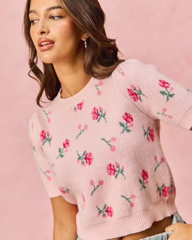 SO ME Floral Pattern Knit Puff Sleeves Sweater Top - Sleekdenim.com
