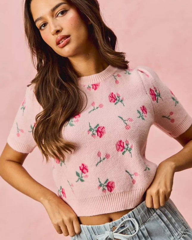 SO ME Floral Pattern Knit Puff Sleeves Sweater Top - Sleekdenim.com