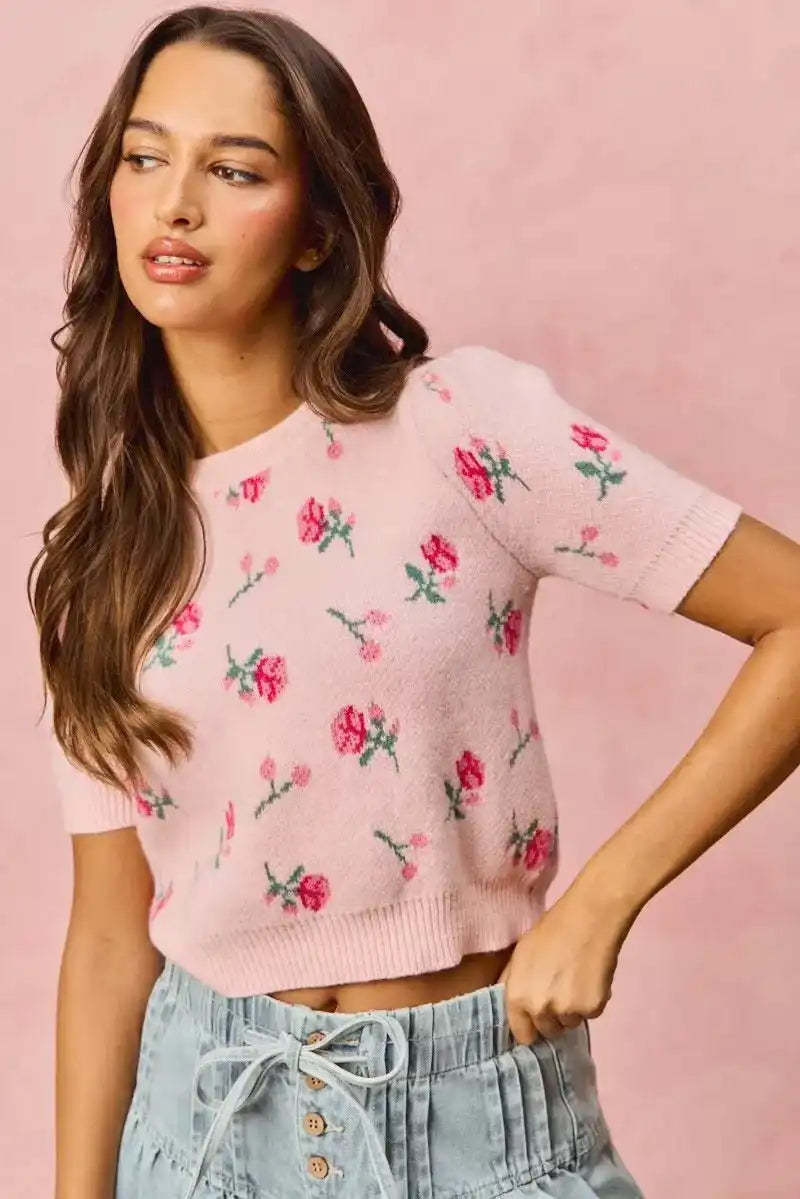SO ME Floral Pattern Knit Puff Sleeves Sweater Top - Sleekdenim.com