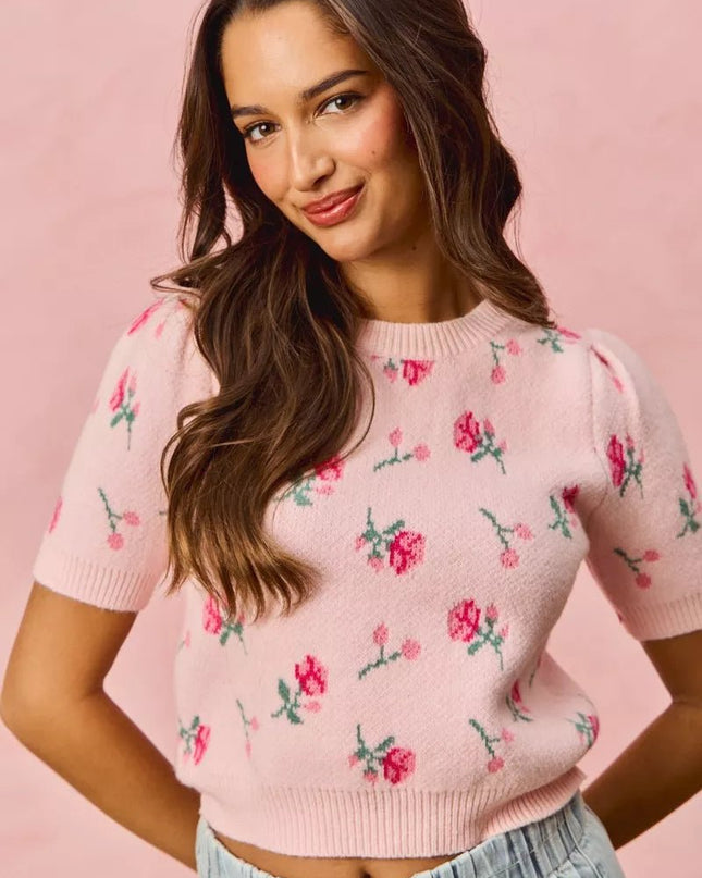 SO ME Floral Pattern Knit Puff Sleeves Sweater Top - Sleekdenim.com