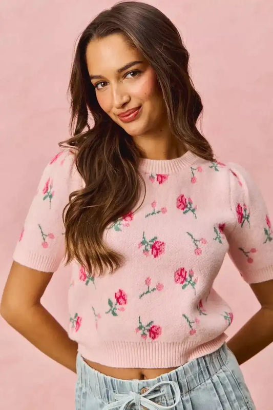 SO ME Floral Pattern Knit Puff Sleeves Sweater Top - Sleekdenim.com