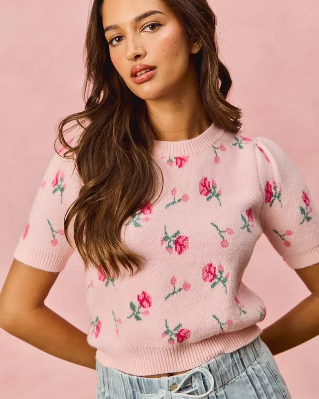 SO ME Floral Pattern Knit Puff Sleeves Sweater Top - Sleekdenim.com