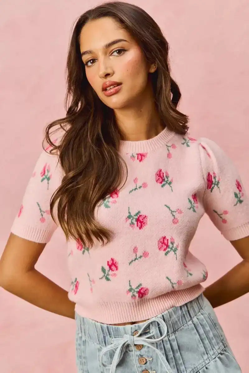 SO ME Floral Pattern Knit Puff Sleeves Sweater Top - Sleekdenim.com