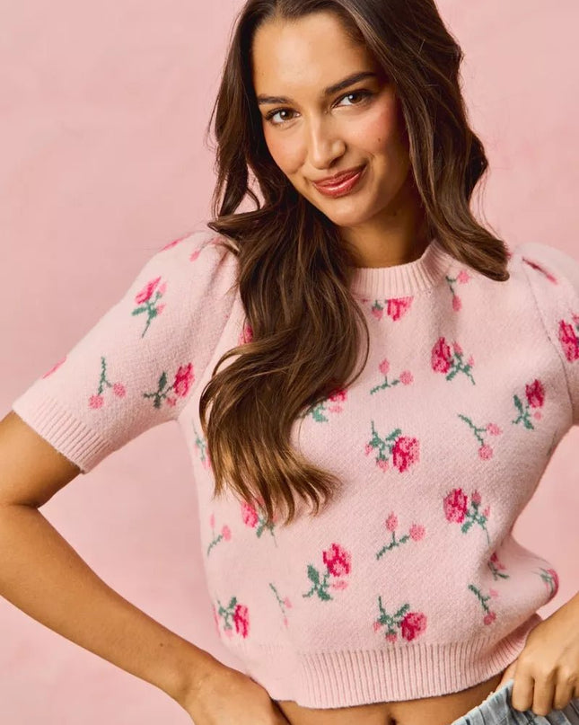 SO ME Floral Pattern Knit Puff Sleeves Sweater Top - Sleekdenim.com