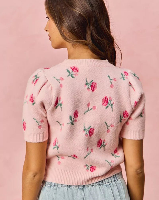 SO ME Floral Pattern Knit Puff Sleeves Sweater Top - Sleekdenim.com