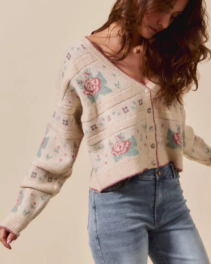 SO ME Floral Pattern Long Sleeve Button Sweater Cardigan - Sleekdenim.com