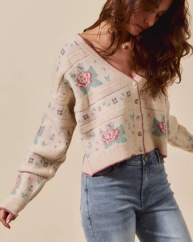 SO ME Floral Pattern Long Sleeve Button Sweater Cardigan - Sleekdenim.com