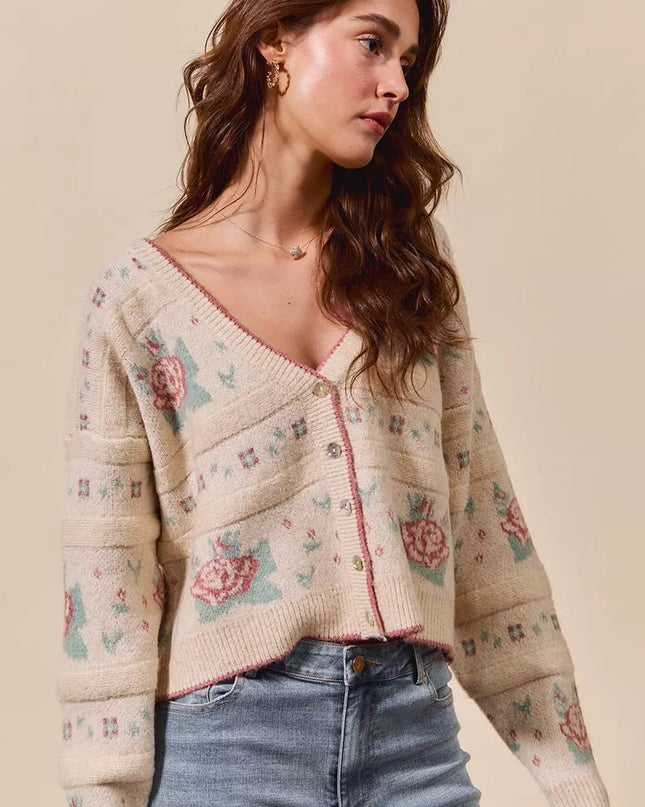 SO ME Floral Pattern Long Sleeve Button Sweater Cardigan - Sleekdenim.com