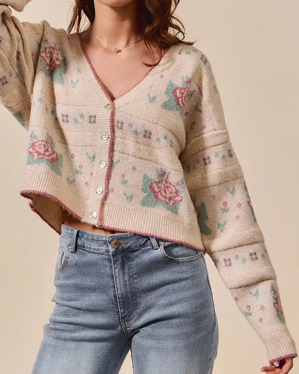 SO ME Floral Pattern Long Sleeve Button Sweater Cardigan - Sleekdenim.com