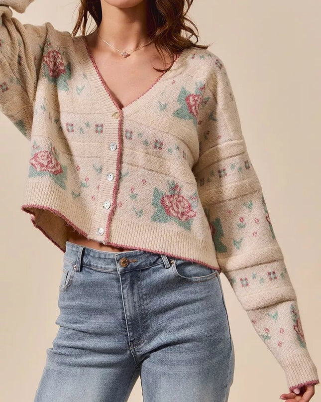 SO ME Floral Pattern Long Sleeve Button Sweater Cardigan - Sleekdenim.com