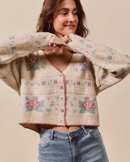 SO ME Floral Pattern Long Sleeve Button Sweater Cardigan - Sleekdenim.com