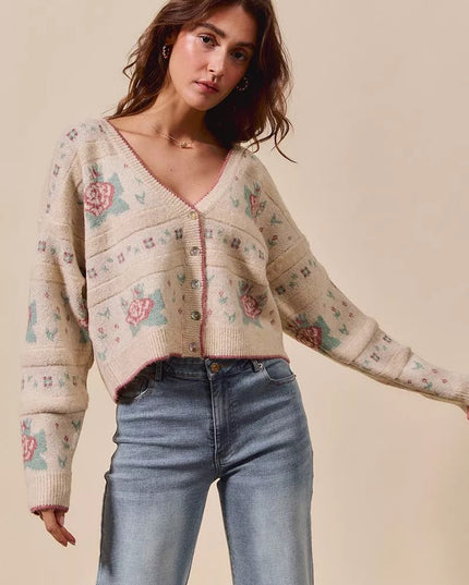 SO ME Floral Pattern Long Sleeve Button Sweater Cardigan - Sleekdenim.com