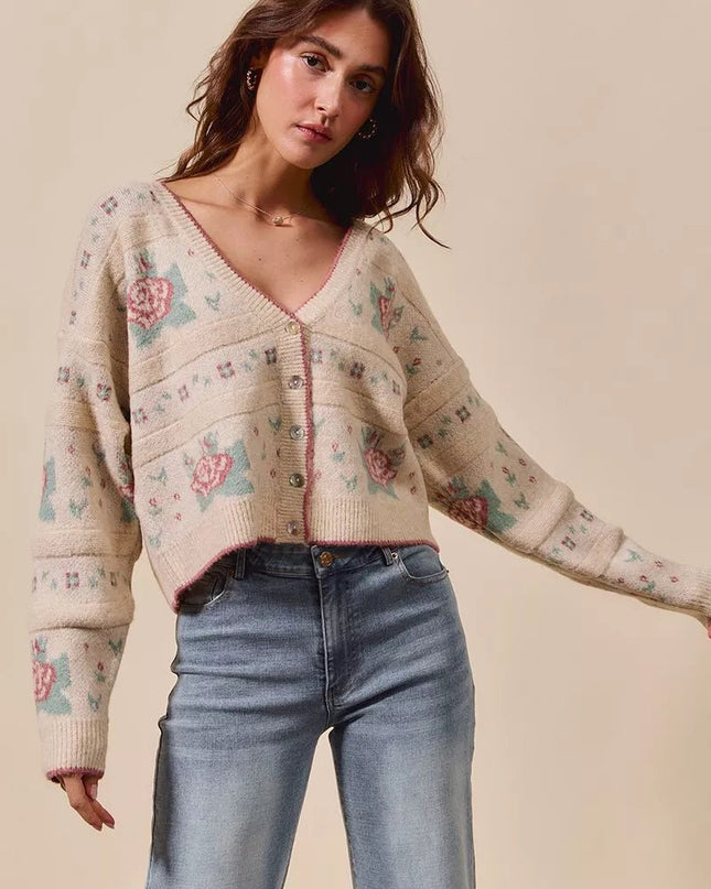 SO ME Floral Pattern Long Sleeve Button Sweater Cardigan - Sleekdenim.com