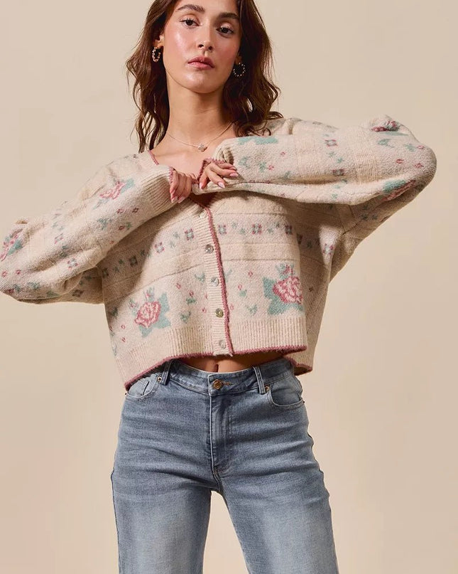 SO ME Floral Pattern Long Sleeve Button Sweater Cardigan - Sleekdenim.com