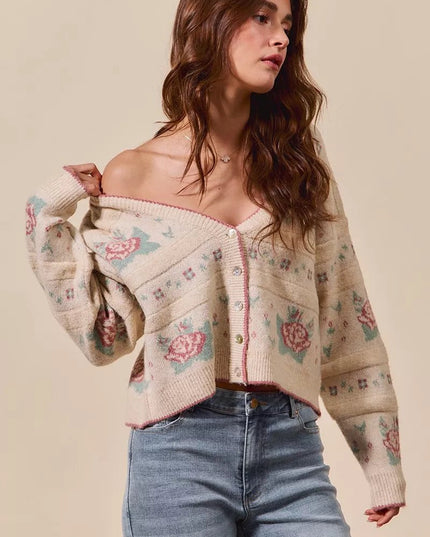 SO ME Floral Pattern Long Sleeve Button Sweater Cardigan - Sleekdenim.com