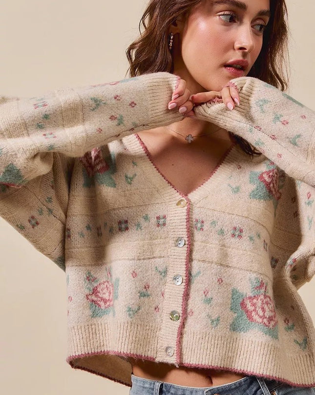 SO ME Floral Pattern Long Sleeve Button Sweater Cardigan - Sleekdenim.com