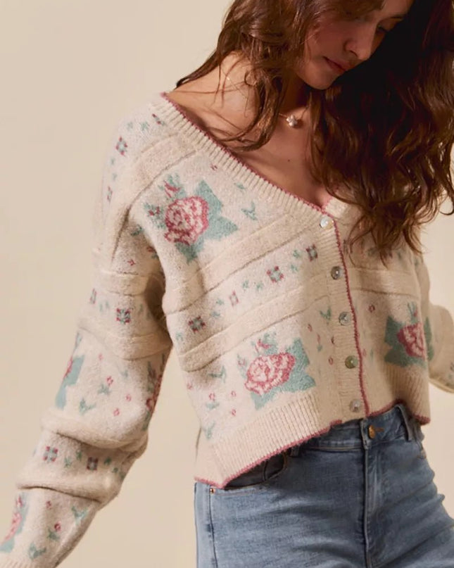 SO ME Floral Pattern Long Sleeve Button Sweater Cardigan - Sleekdenim.com