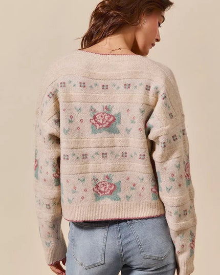 SO ME Floral Pattern Long Sleeve Button Sweater Cardigan - Sleekdenim.com