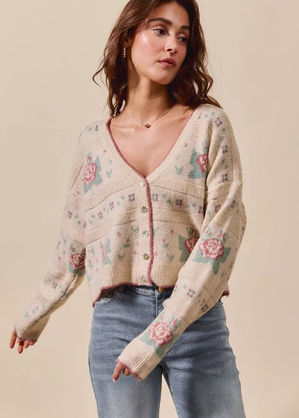 SO ME Floral Pattern Long Sleeve Button Sweater Cardigan - Sleekdenim.com