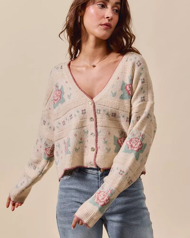 SO ME Floral Pattern Long Sleeve Button Sweater Cardigan - Sleekdenim.com