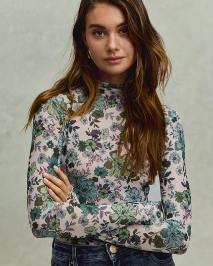 SO ME Floral Print Mesh Knit Long Sleeves Top - Sleekdenim.com