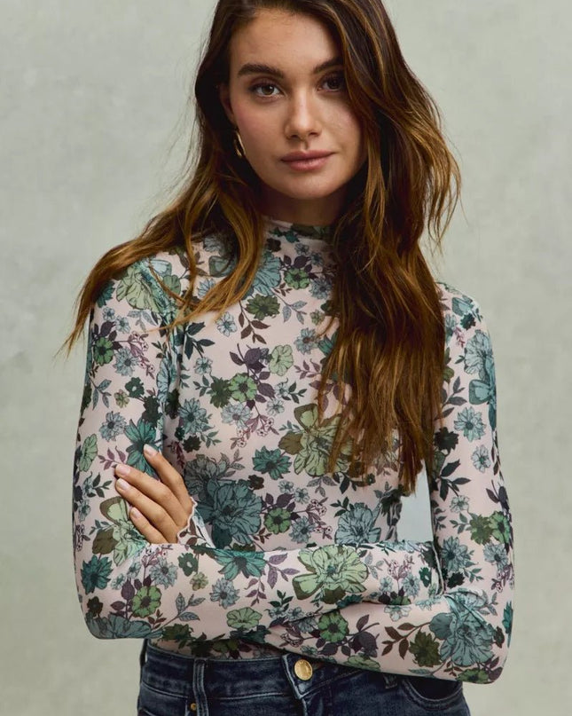 SO ME Floral Print Mesh Knit Long Sleeves Top - Sleekdenim.com