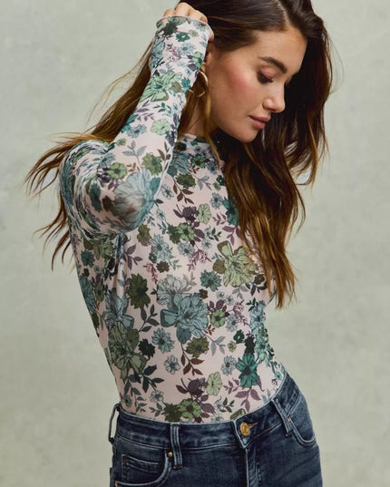 SO ME Floral Print Mesh Knit Long Sleeves Top - Sleekdenim.com