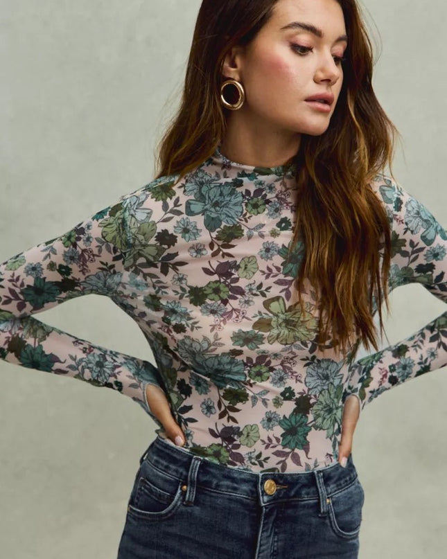 SO ME Floral Print Mesh Knit Long Sleeves Top - Sleekdenim.com