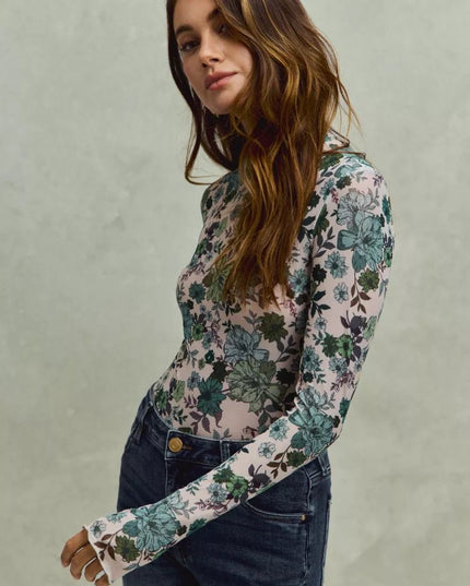 SO ME Floral Print Mesh Knit Long Sleeves Top - Sleekdenim.com