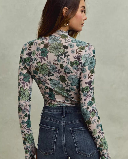 SO ME Floral Print Mesh Knit Long Sleeves Top - Sleekdenim.com
