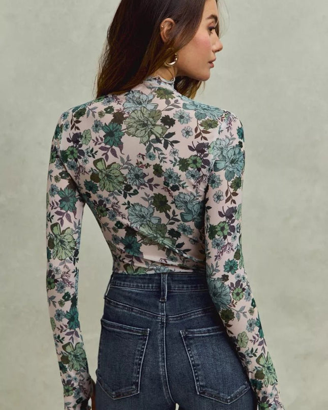 SO ME Floral Print Mesh Knit Long Sleeves Top - Sleekdenim.com