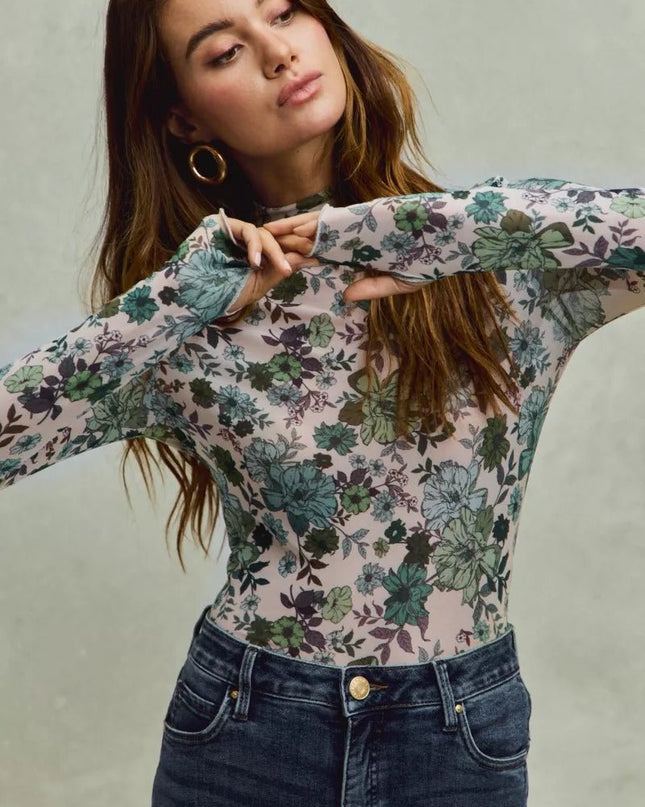 SO ME Floral Print Mesh Knit Long Sleeves Top - Sleekdenim.com