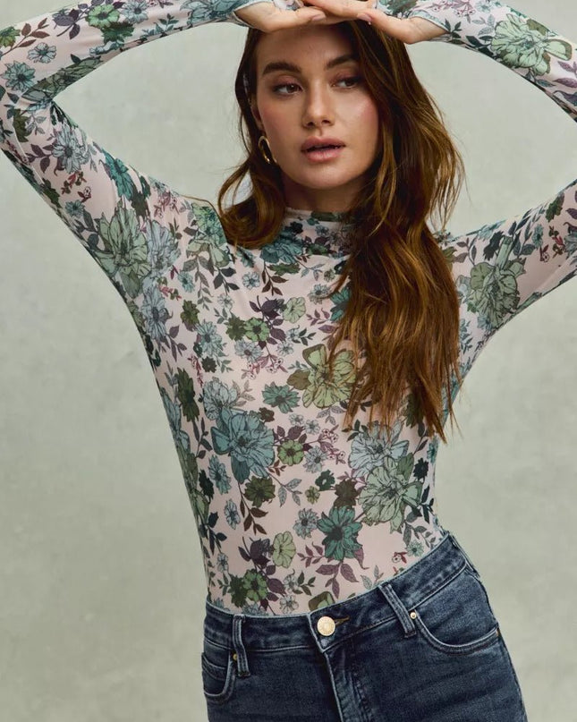 SO ME Floral Print Mesh Knit Long Sleeves Top - Sleekdenim.com