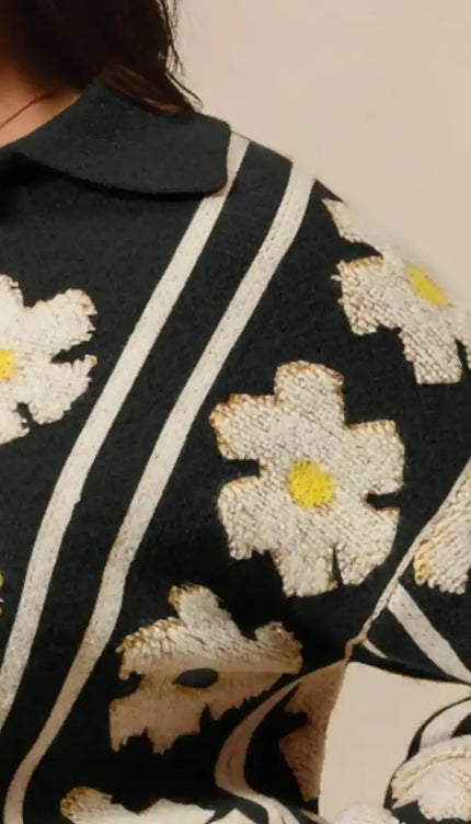 SO ME Floral Stripe Polo Collar Sweater - Sleekdenim.com