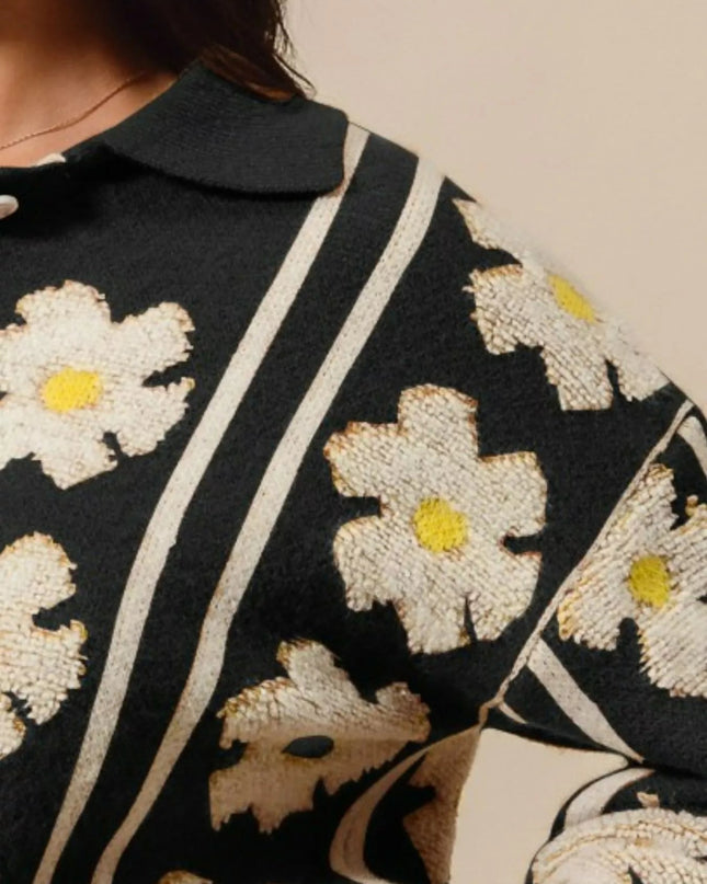 SO ME Floral Stripe Polo Collar Sweater - Sleekdenim.com