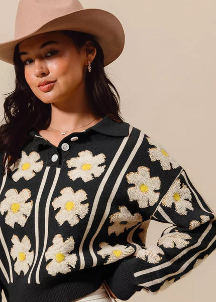 SO ME Floral Stripe Polo Collar Sweater - Sleekdenim.com