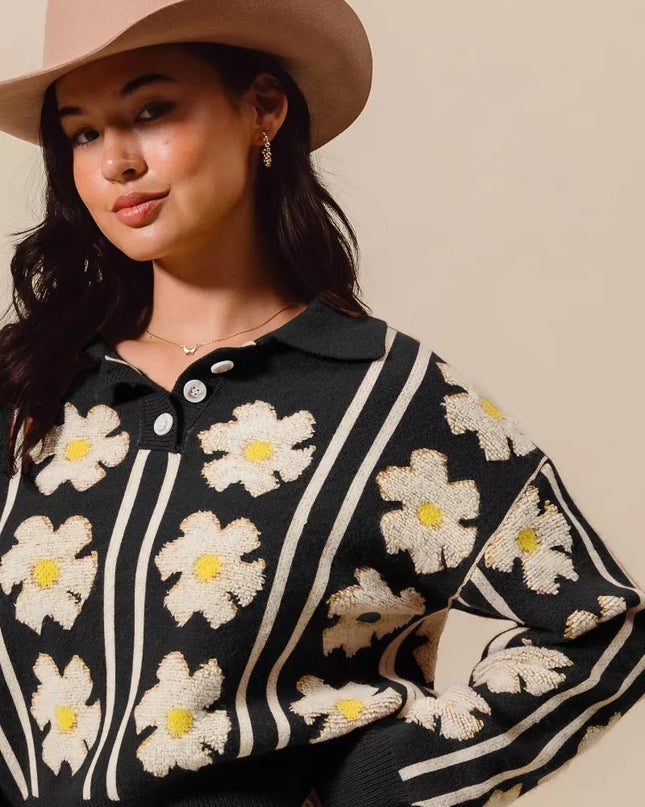 SO ME Floral Stripe Polo Collar Sweater - Sleekdenim.com