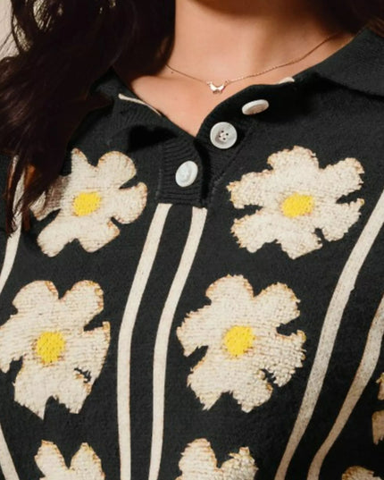 SO ME Floral Stripe Polo Collar Sweater - Sleekdenim.com