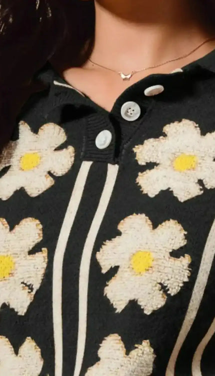 SO ME Floral Stripe Polo Collar Sweater - Sleekdenim.com