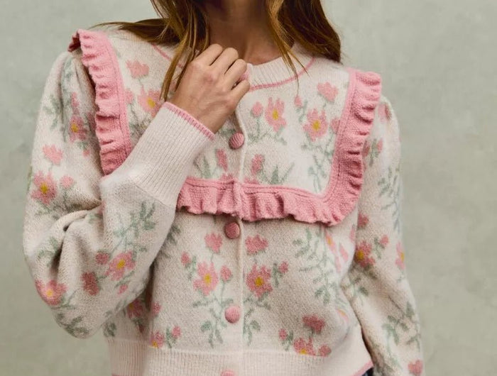 SO ME Flower With Ruffle Detailing Sweater Cardigan - Sleekdenim.com