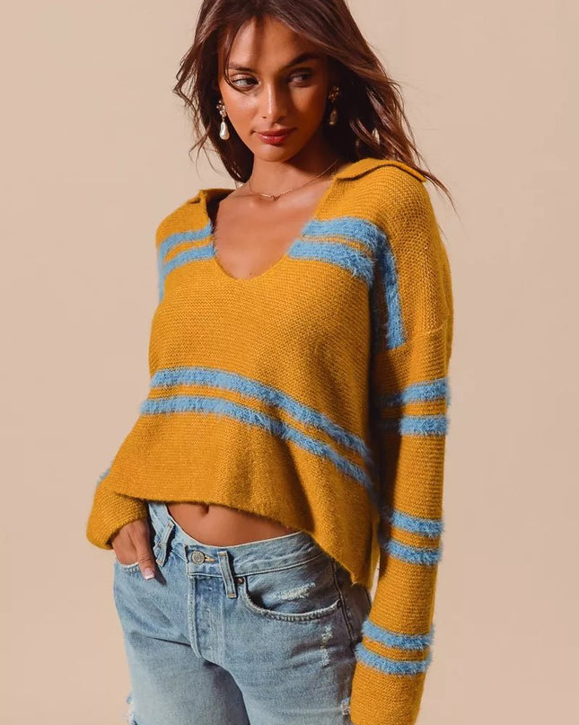 SO ME Fuzzy Hairy Stripe Deep U Neck Swetaer - Sleekdenim.com